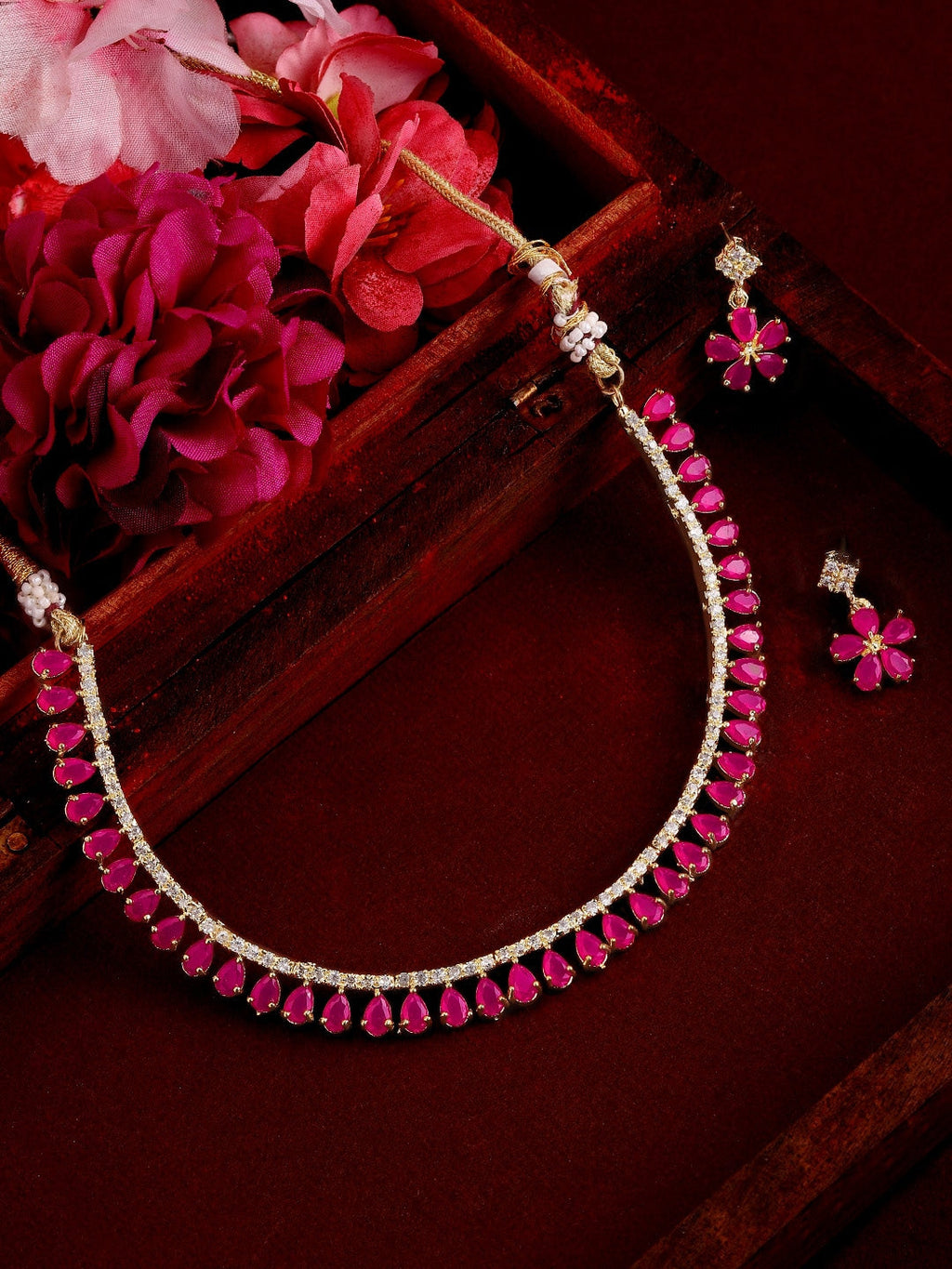 Gold-Polished Alloy Ruby Colour American Diamond Choker Necklace Set - The Pari