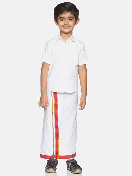 Sethukrishna White Pure Cotton Solid Shirt and Veshti Set For Boys