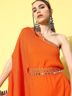 InWeave Women's Orange Oneshoulder Mirror Work Belted Kurta Set