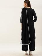 All About You Women Black & Grey Striped Keyhole Neck Kurta with Palazzos & Dupatta