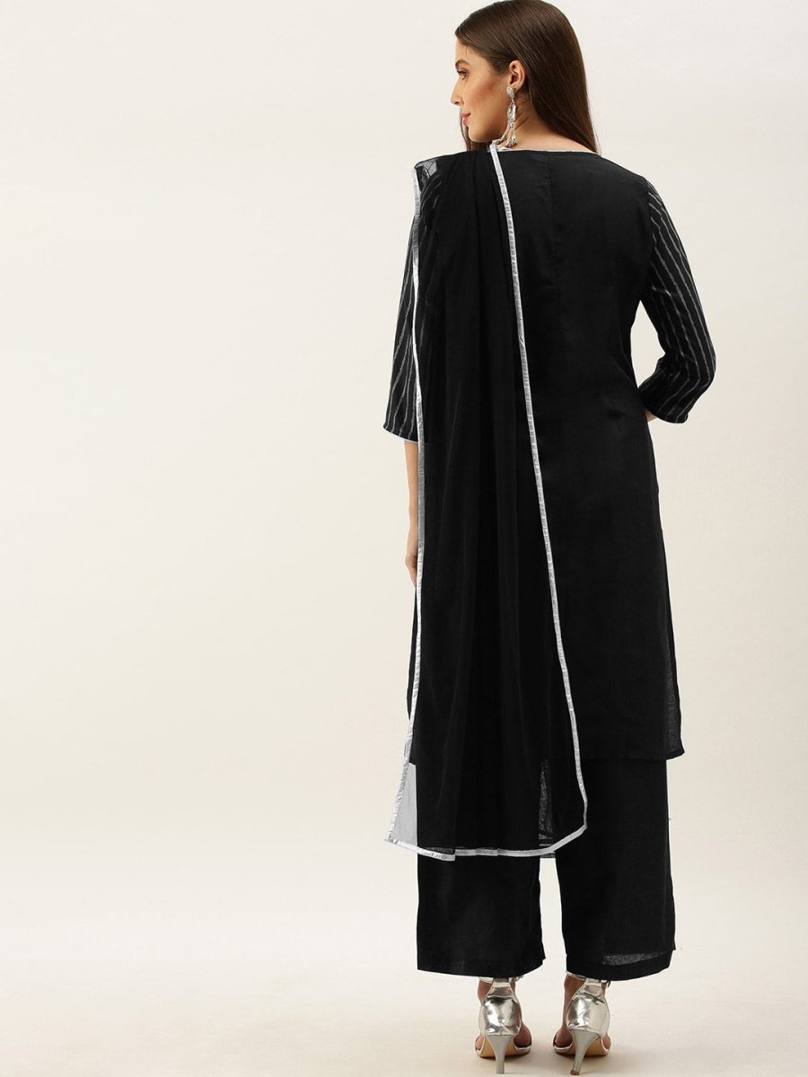 All About You Women Black & Grey Striped Keyhole Neck Kurta with Palazzos & Dupatta