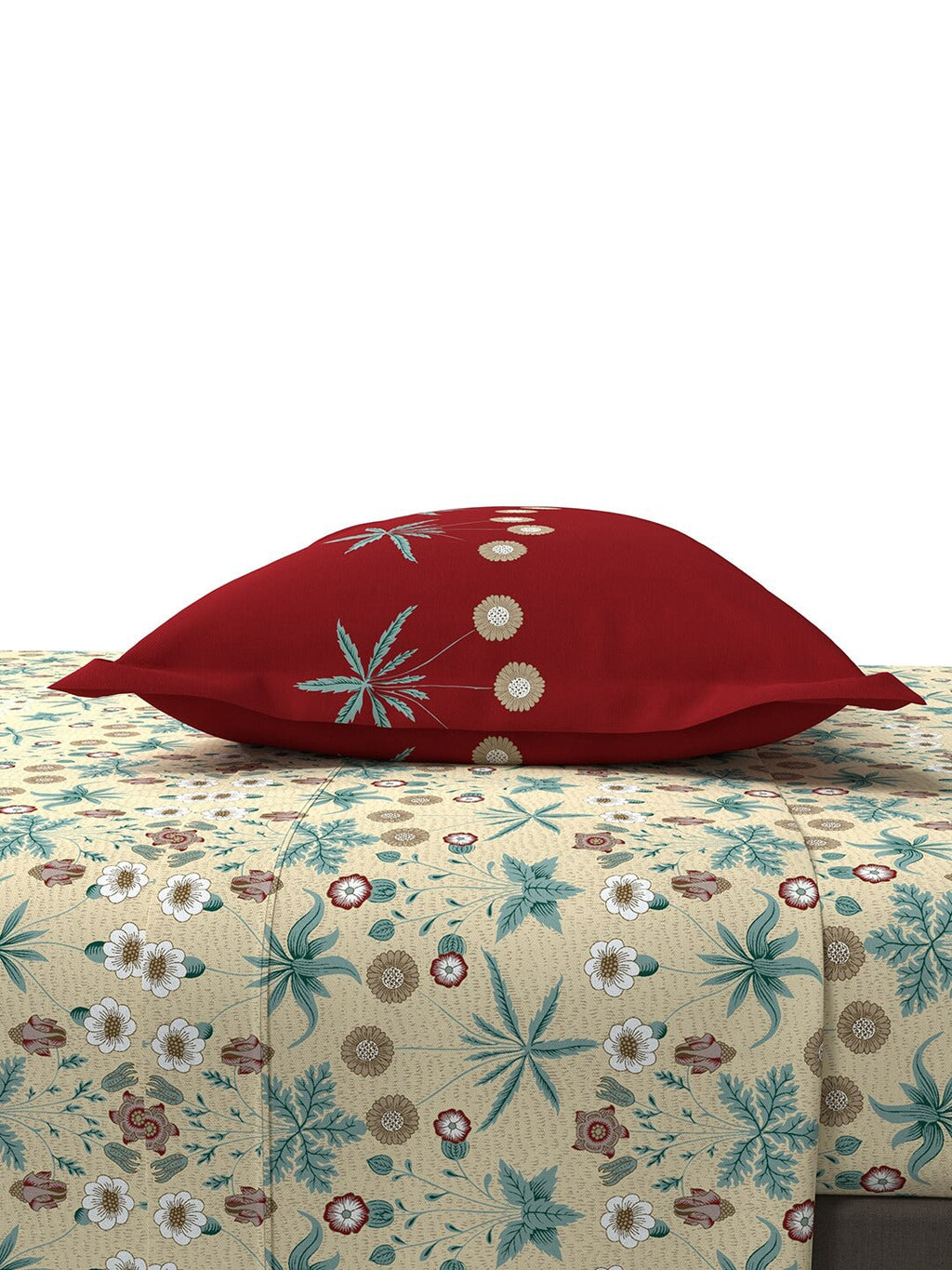 MYTRIDENT Beige Green Floral Cotton 144 TC Queen Bedsheet With 2 Pillow Covers