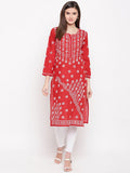 ADA Women Red & White Chikankari Hand Embroidered Straight Sustainable Kurta
