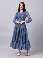 Souchii Blue Ethnic Motifs Printed Chiffon Maxi Tiered Dress - Distacart