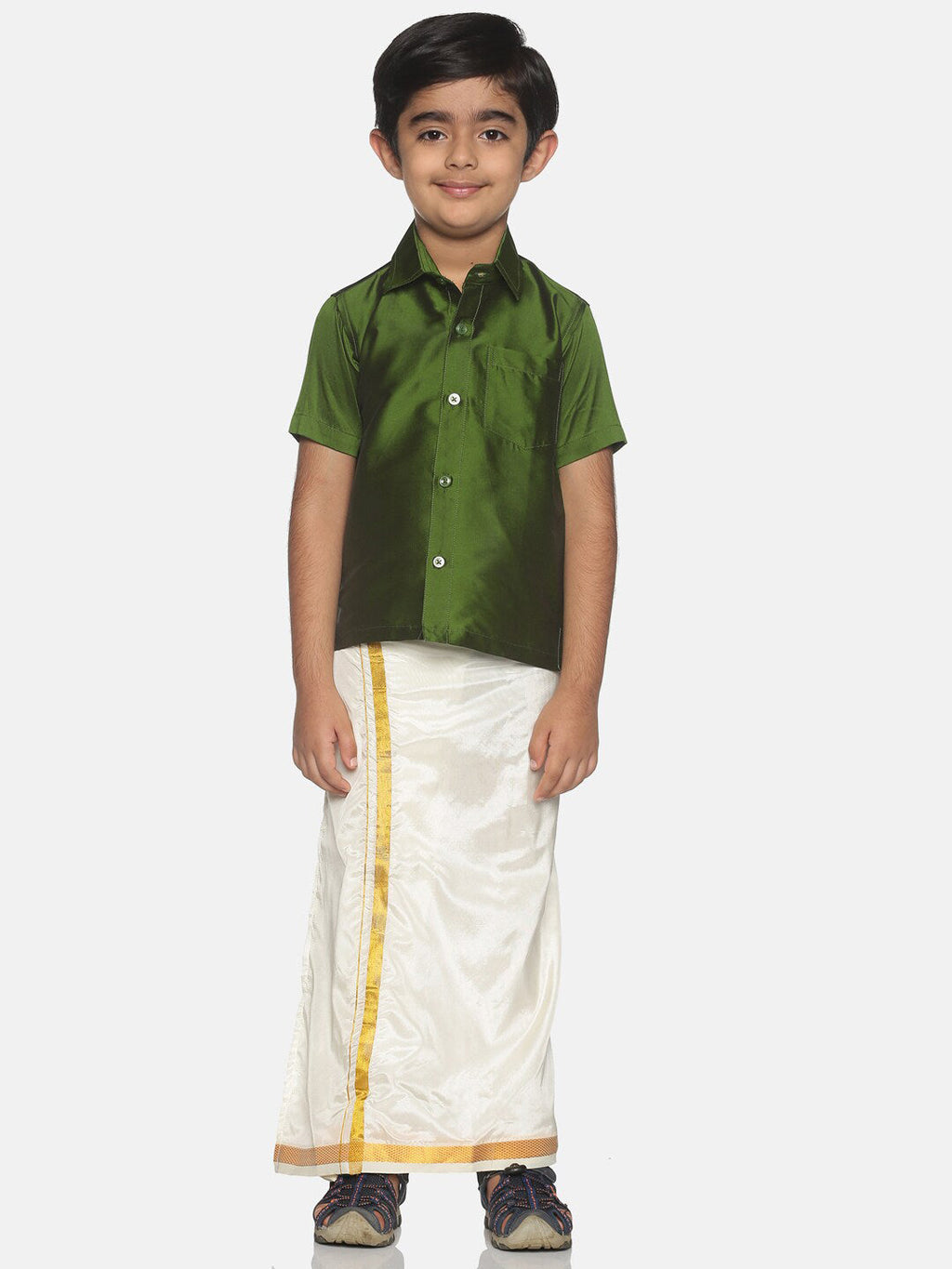 Sethukrishna Olive Green & White Solid Shirt and Veshti Set For Boys