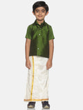 Sethukrishna Olive Green & White Solid Shirt and Veshti Set For Boys