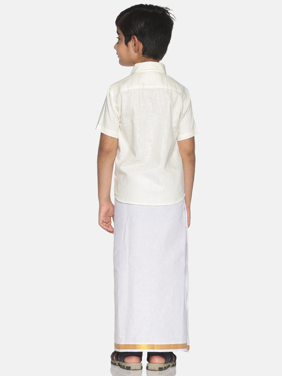 Sethukrishna Boys Cream-Coloured & White Solid Shirt and Veshti Set