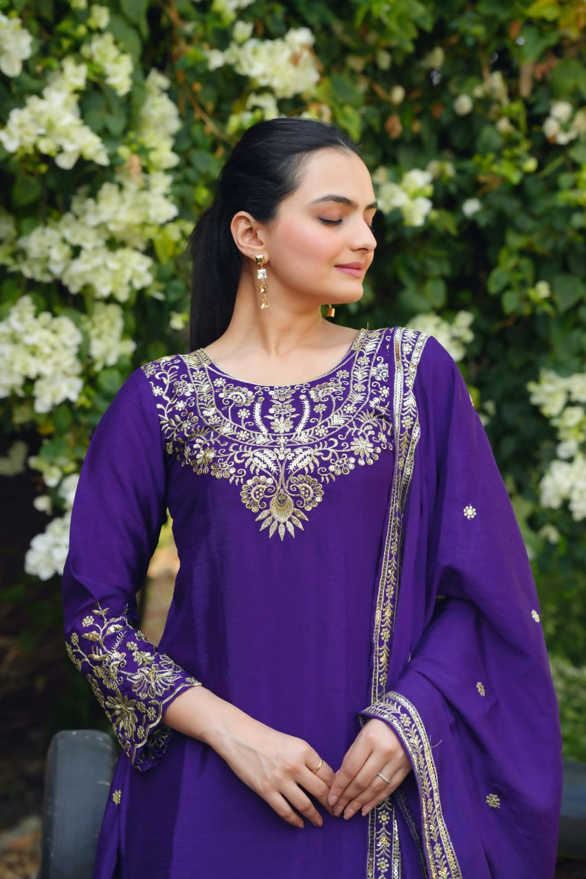 Teeya Creation Purple Color Chinon Silk Wedding Wear Trending Palazzo Set - Distacart