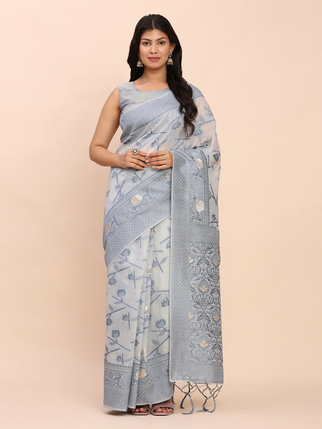Shree Shyam Fashion Linen Cotton Grey Saree - Distacart