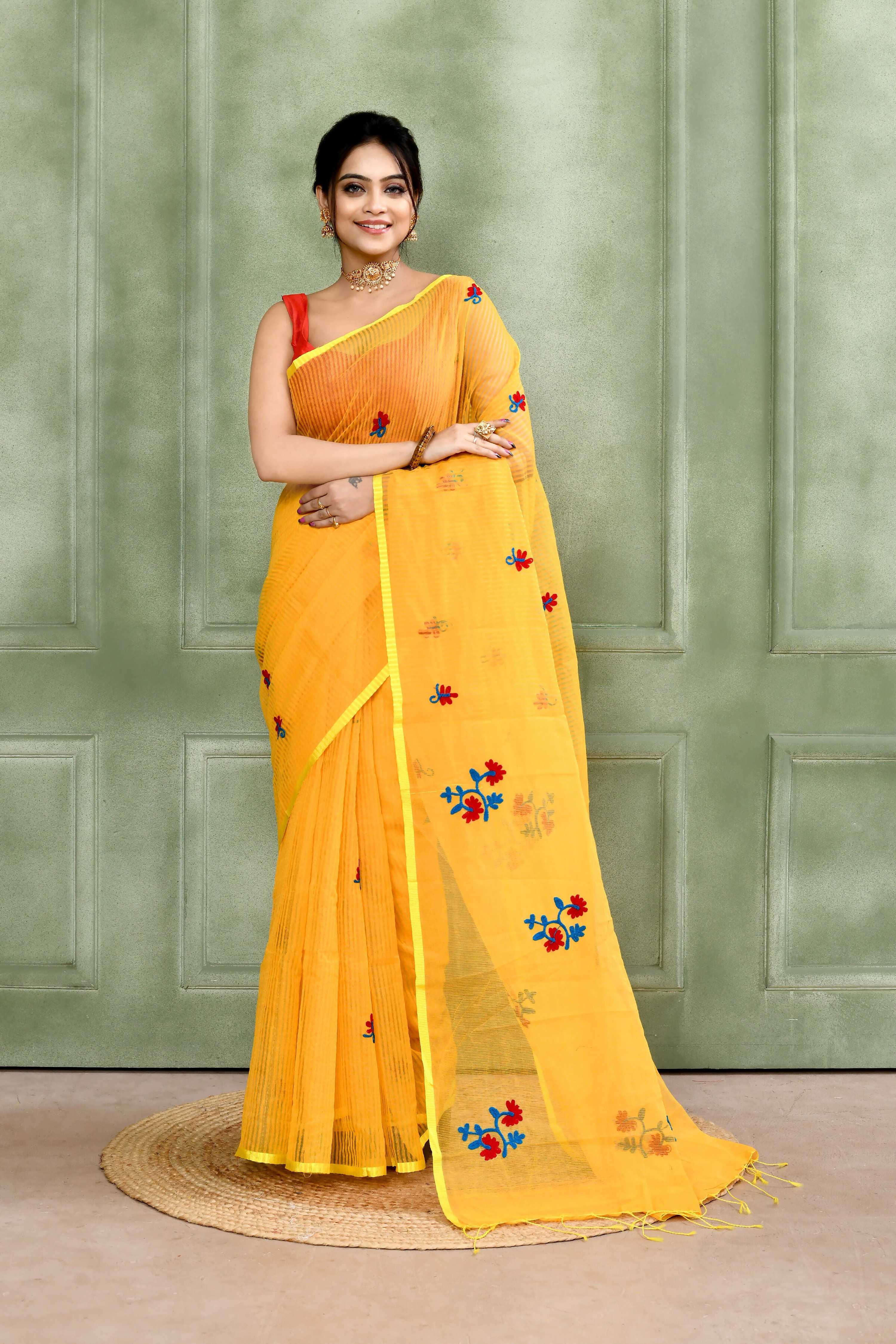 Piyari Fashion Women's Yellow Embellished Cotton Blend Embroidery Saree - Distacart