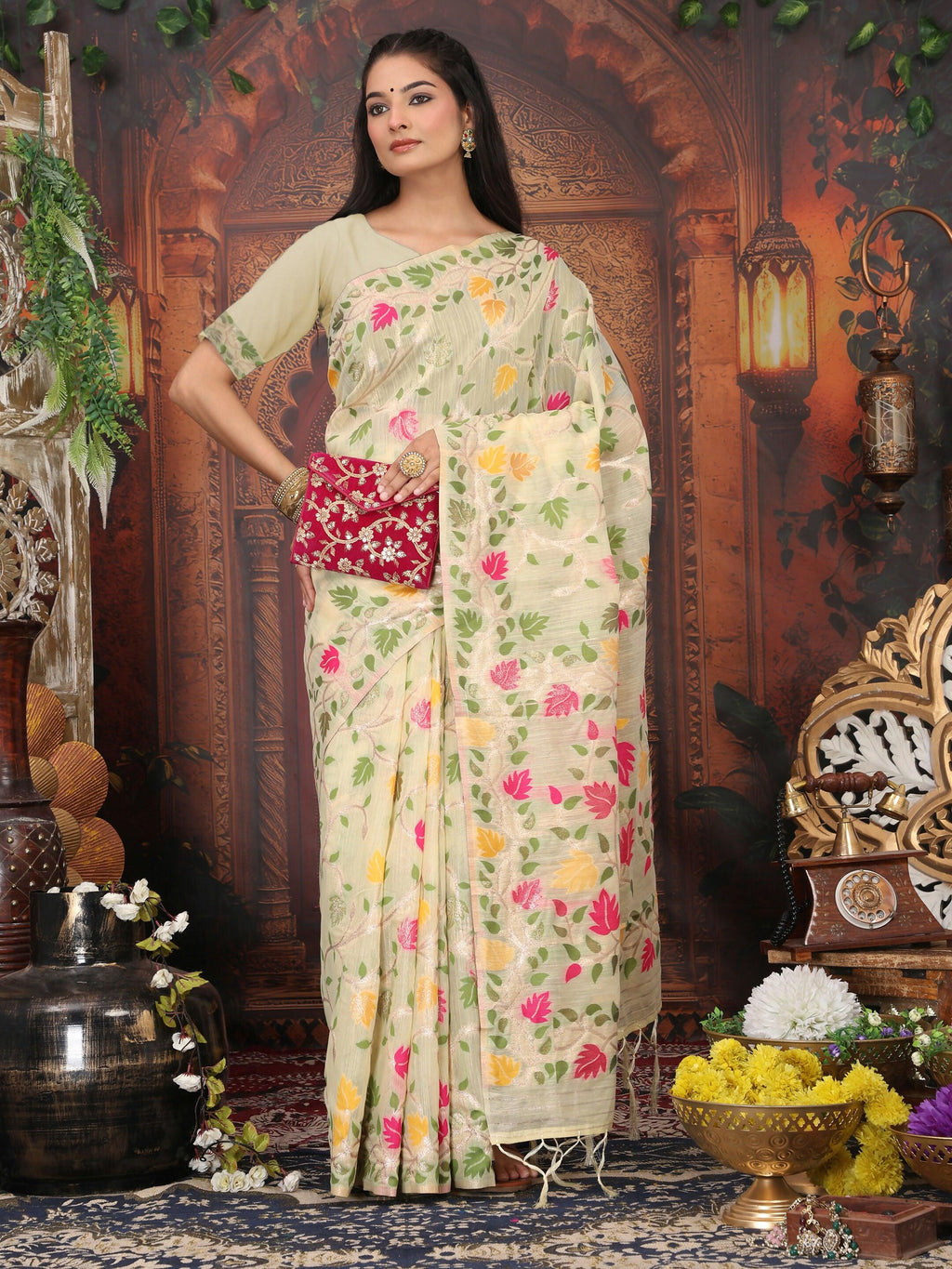 Shree Shyam Fashion Linen Cotton Cream Saree - Distacart