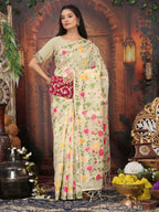 Shree Shyam Fashion Linen Cotton Cream Saree - Distacart