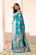 Joban Fashion Blue Banarasi Soft Pure Handloom Banarasi Silk Saree