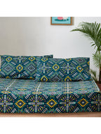 Chumbak Blue & Yellow Ethnic Motifs 136 TC Queen Bedsheet with 2 Pillow Covers