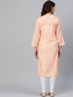 ADA Women Peach-Coloured & White Chikankari Embroidered Cotton Straight Sustainable Kurta