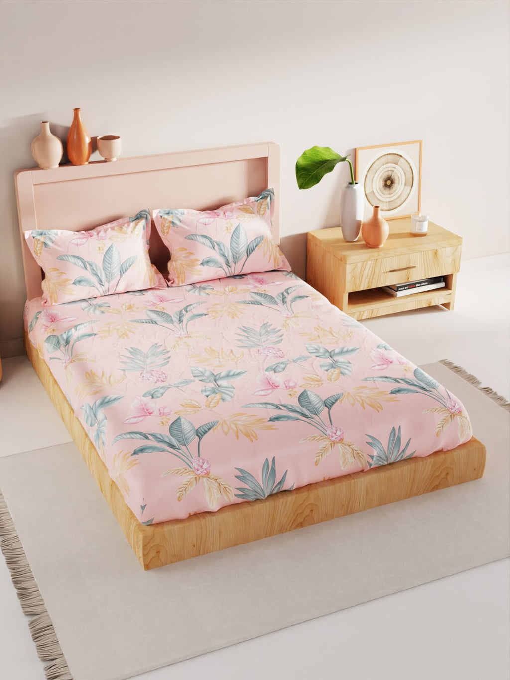BIANCA Coral & Orange Floral 186 TC King Bedsheet with 2 Pillow Covers