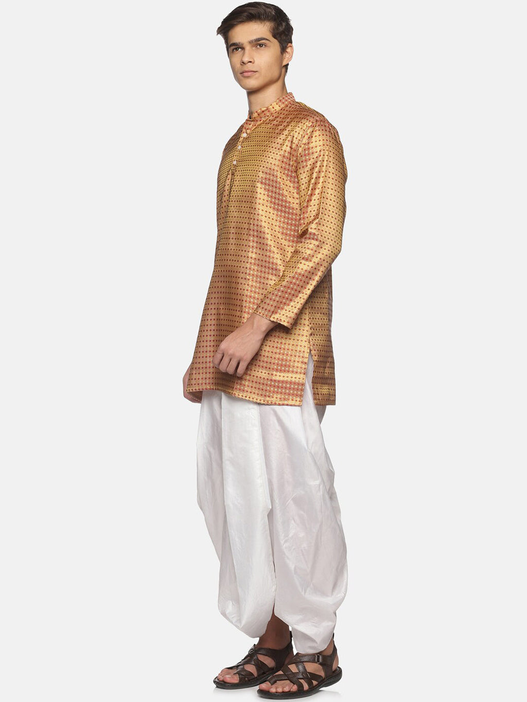 Sethukrishna Men Art Silk Golden & Red Kurta with Dhoti Pants - Distacart