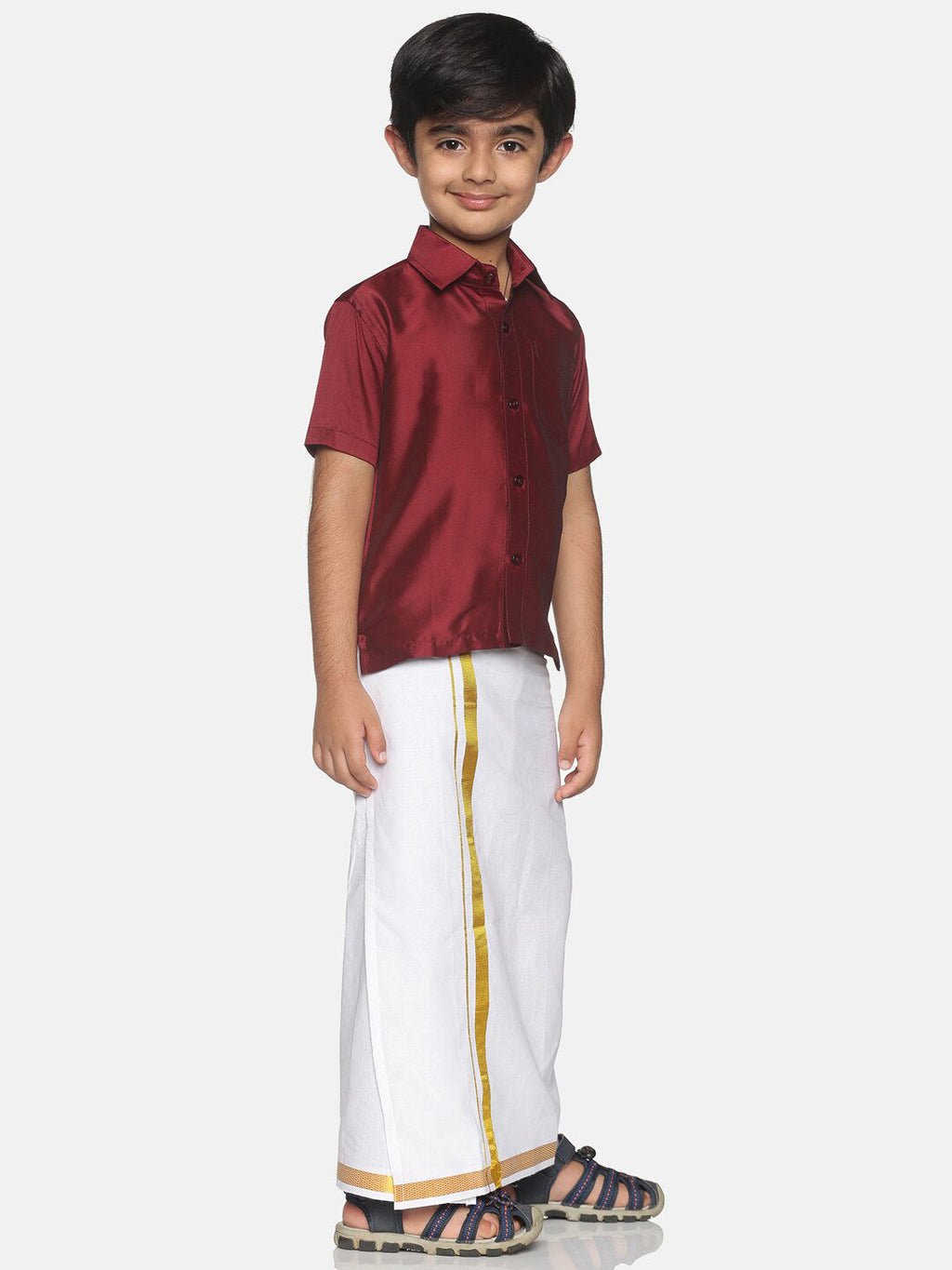 Sethukrishna Maroon & & White Pure Cotton Solid Shirt Veshti Set For Boys