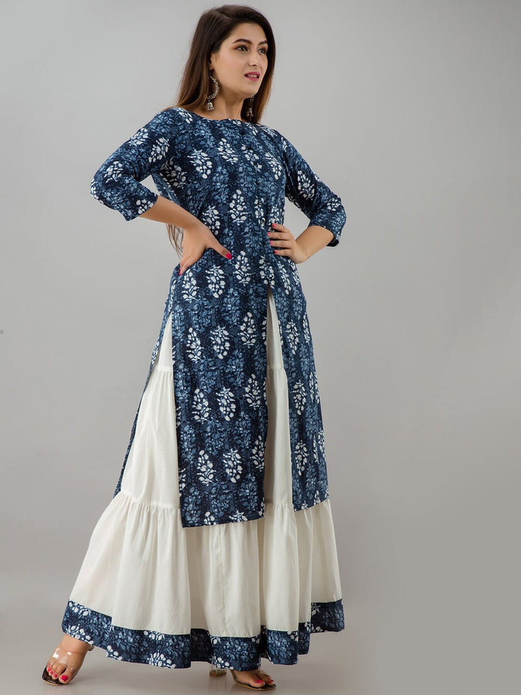 HERE&NOW Blue & White Boat Neck Floral Printed Kurta with Skirt
