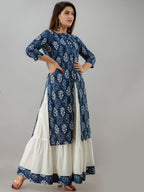 HERE&NOW Blue & White Boat Neck Floral Printed Kurta with Skirt