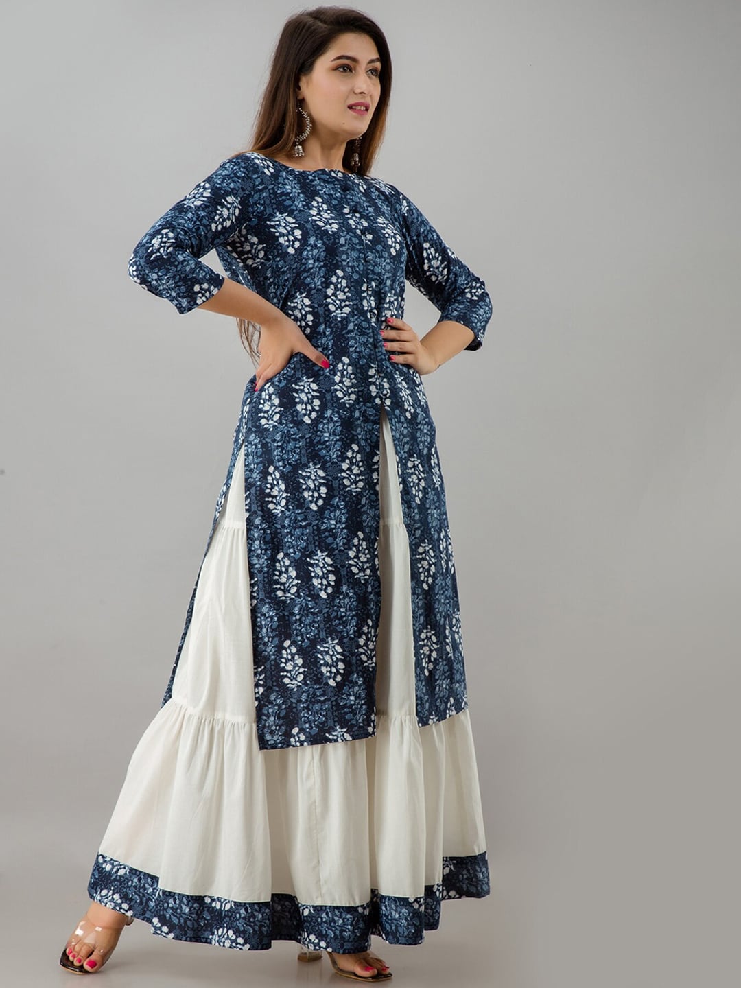HERE&NOW Blue & White Boat Neck Floral Printed Kurta with Skirt