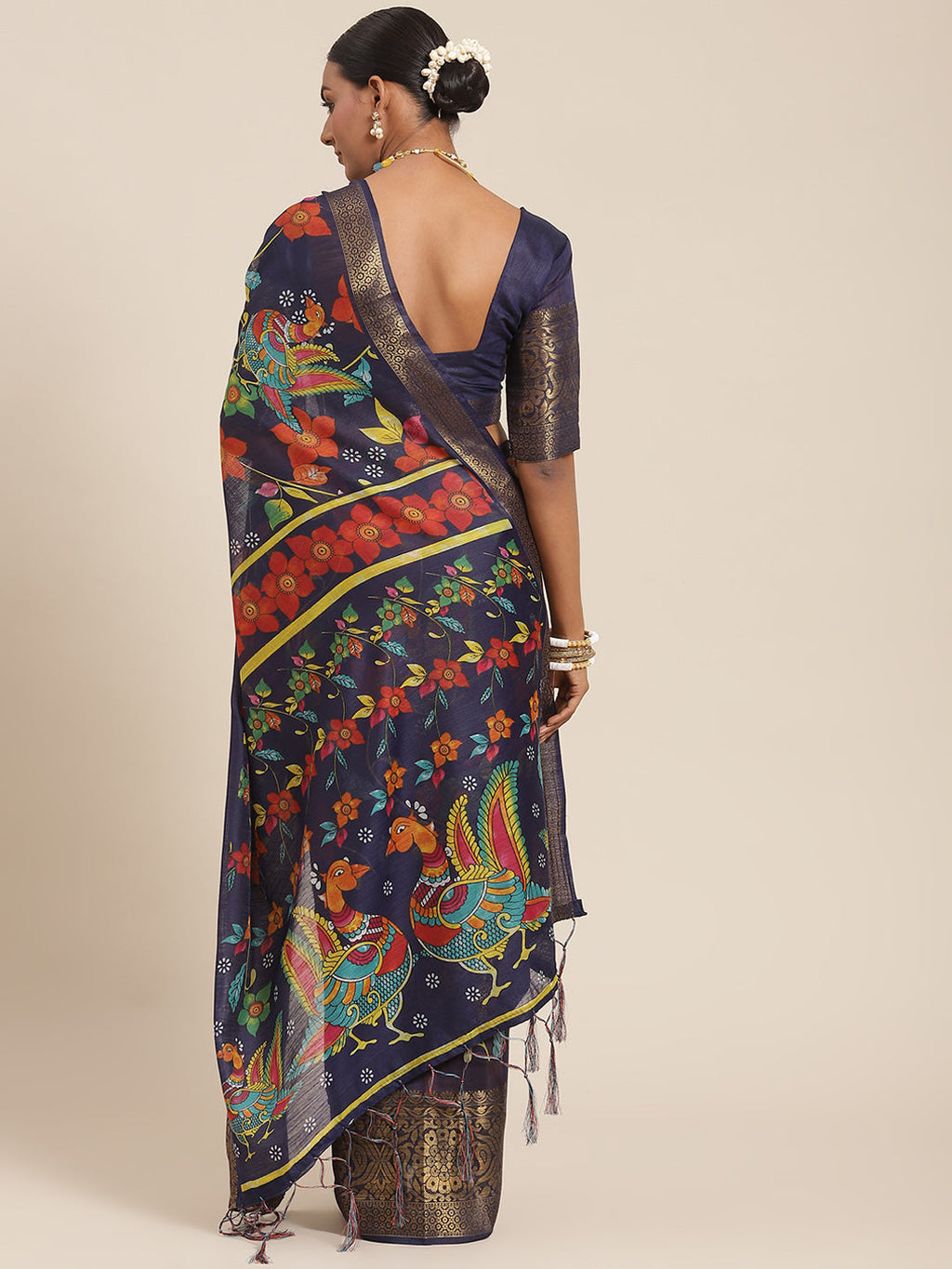 Saree Mall Navy Blue Kalamkari Saree - Distacart
