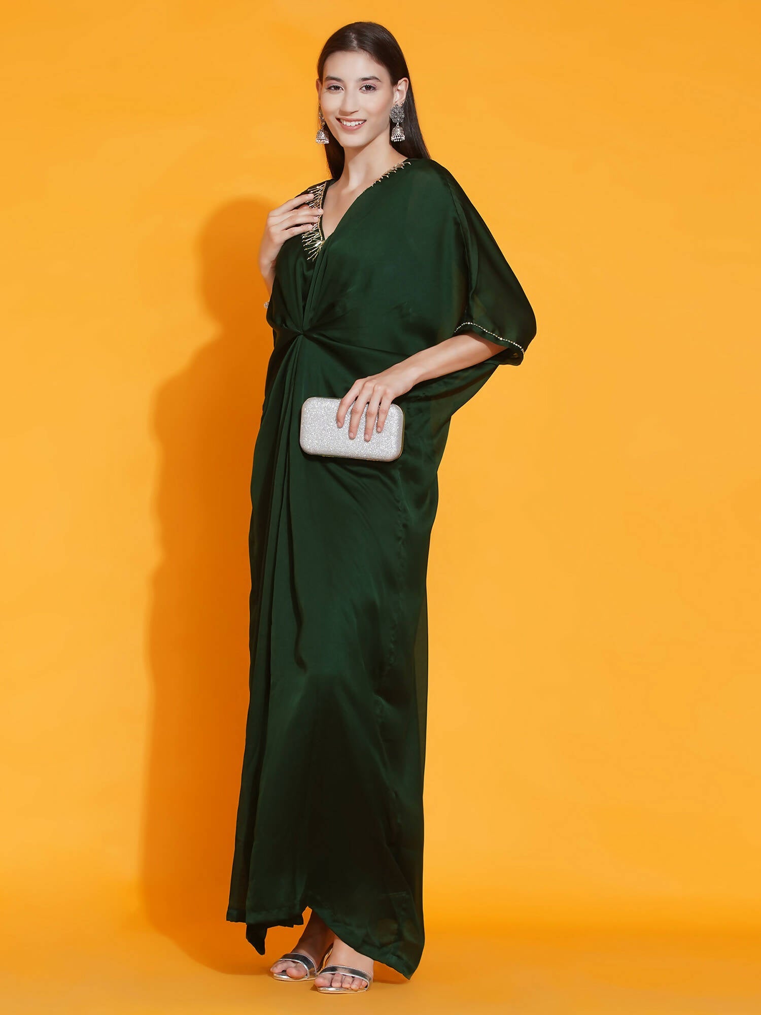 Women Republic Green Georgette Hand Embellished Kaftan Style Gown - Distacart