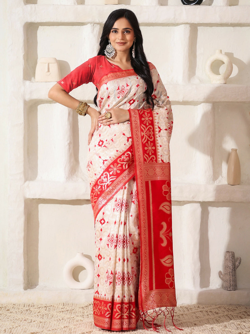 Shree Shyam Fashion Linen Cotton Red & White Saree - Distacart