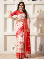 Shree Shyam Fashion Linen Cotton Red & White Saree - Distacart