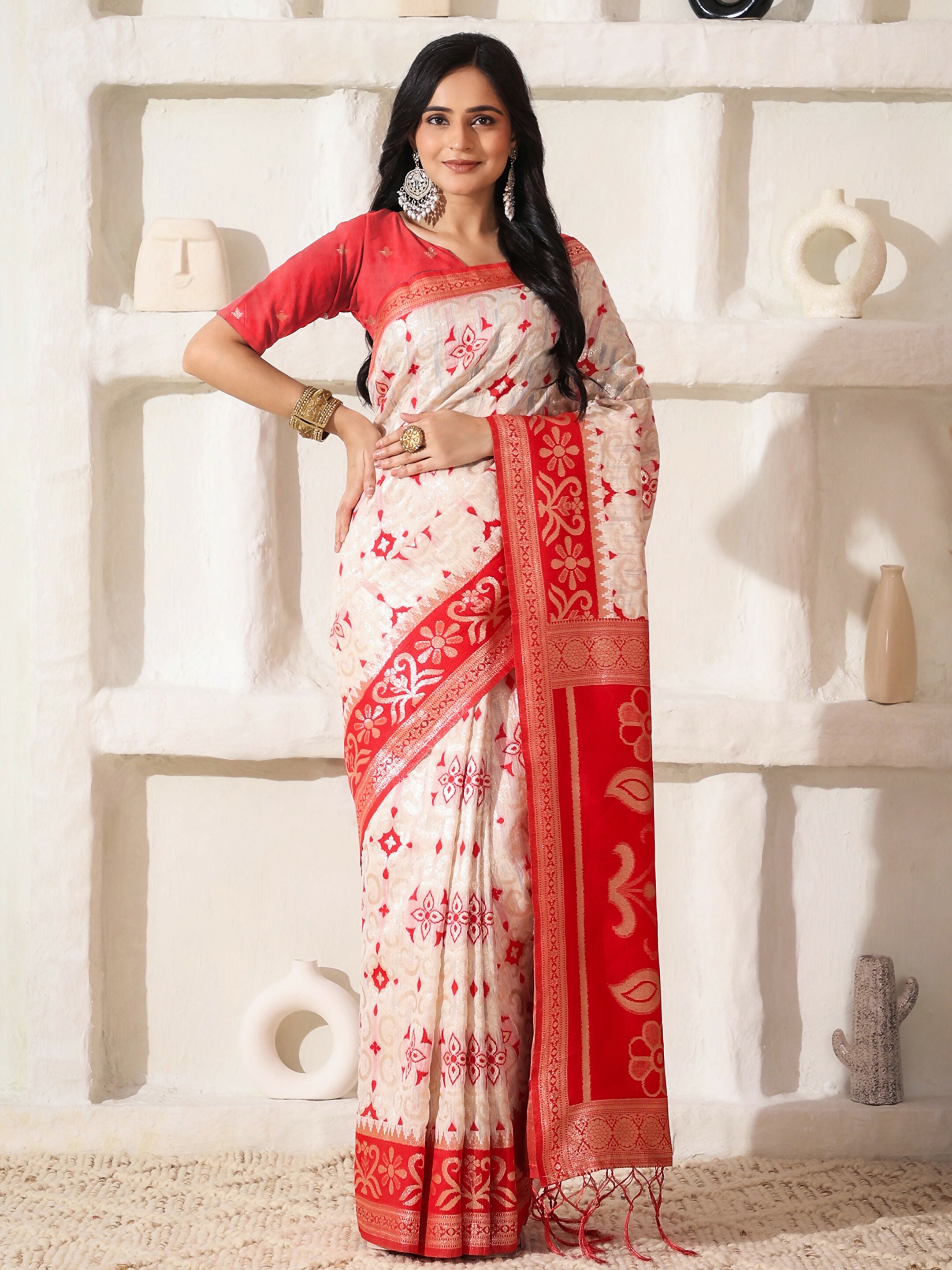 Shree Shyam Fashion Linen Cotton Red & White Saree - Distacart
