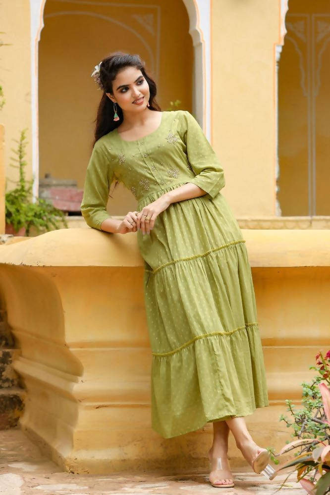 Yufta Green Cotton Dobby Dress