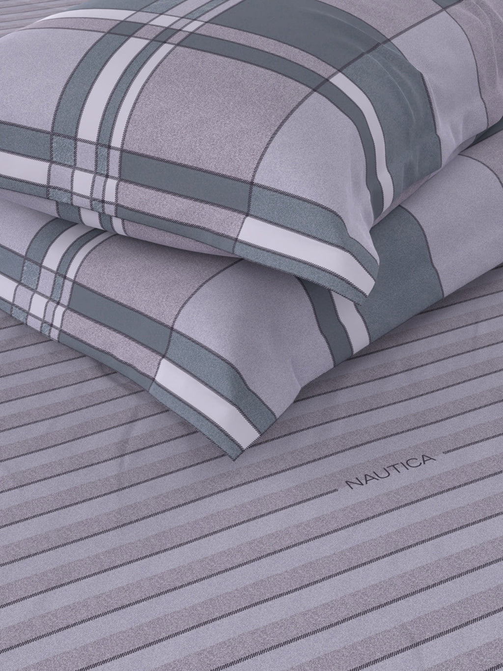 Nautica Grey & Blue Striped Cotton 160 TC King Bedsheet With 2 Pillow Covers