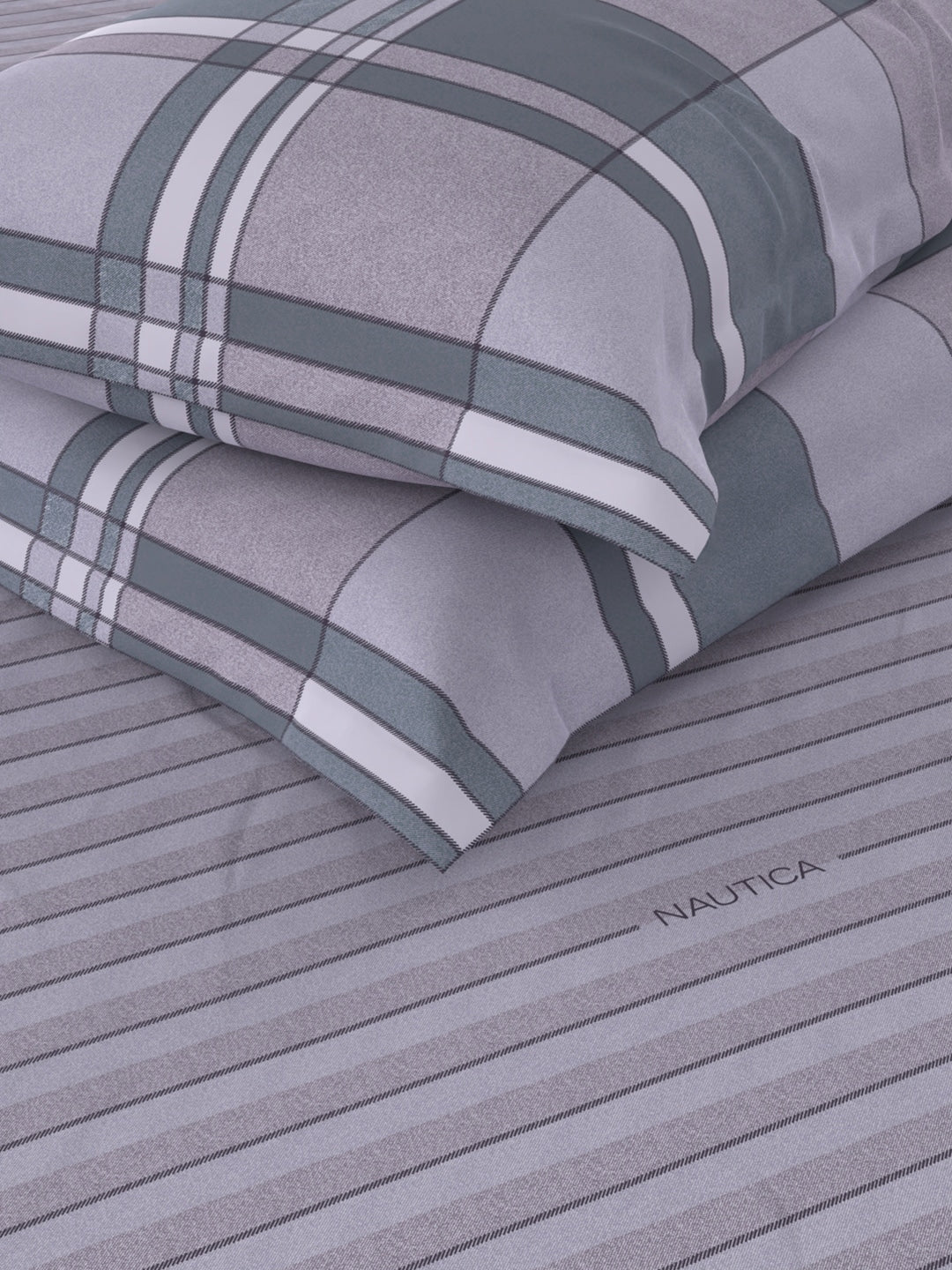 Nautica Grey & Blue Striped Cotton 160 TC King Bedsheet With 2 Pillow Covers