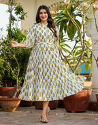 Kaajh Women's White-Yellow Ethnic Floral Hand Block Print Cotton Dress - Distacart