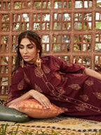 Sangria Women Maroon & Golden Pure Cotton Printed Kurta with Palazzos