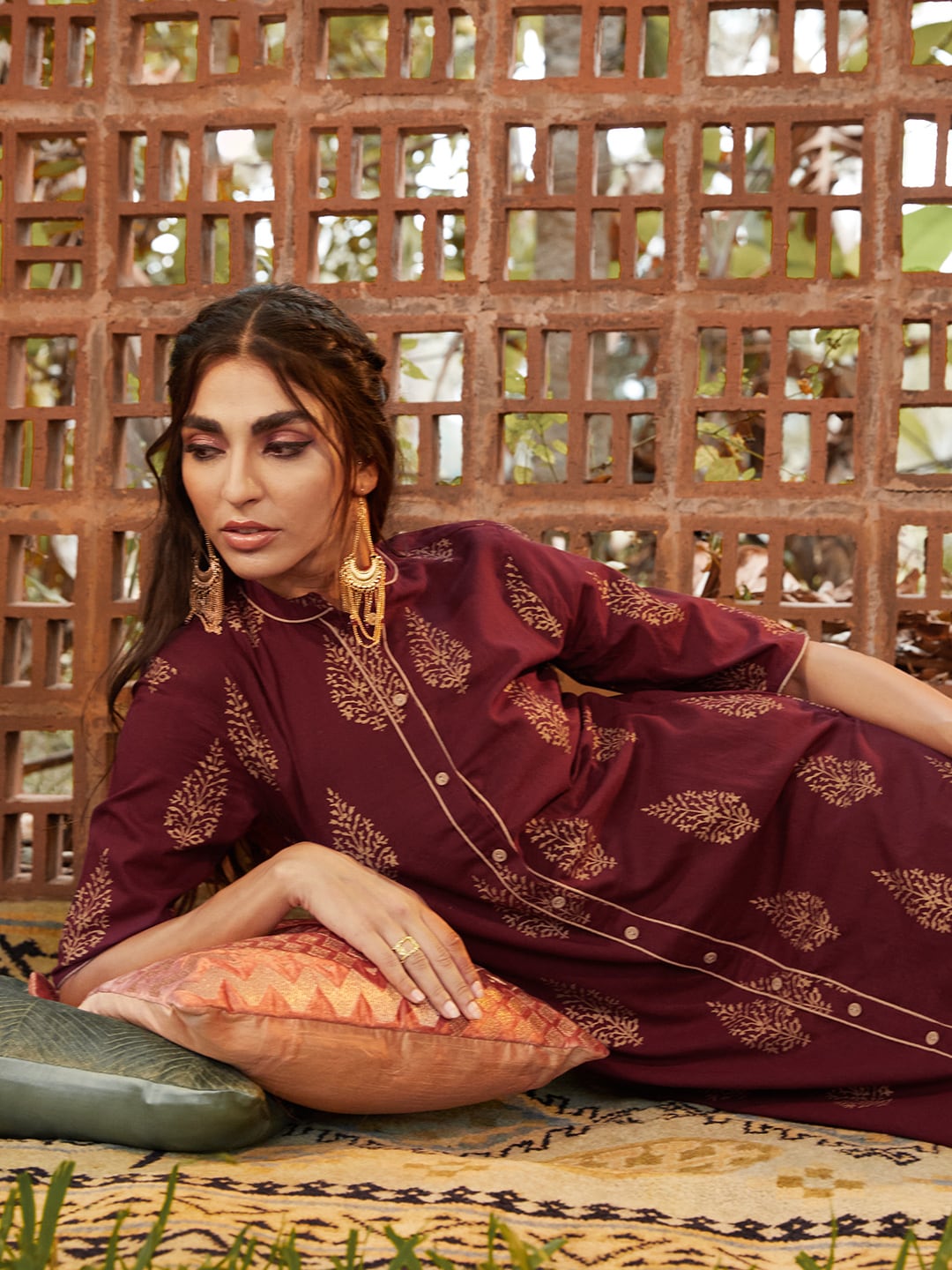 Sangria Women Maroon & Golden Pure Cotton Printed Kurta with Palazzos