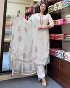 The52 White Women's Gorgeous Georgette Butti Fabric Embroidered Work Straight Kurta Pant and Dupatta Set - Distacart