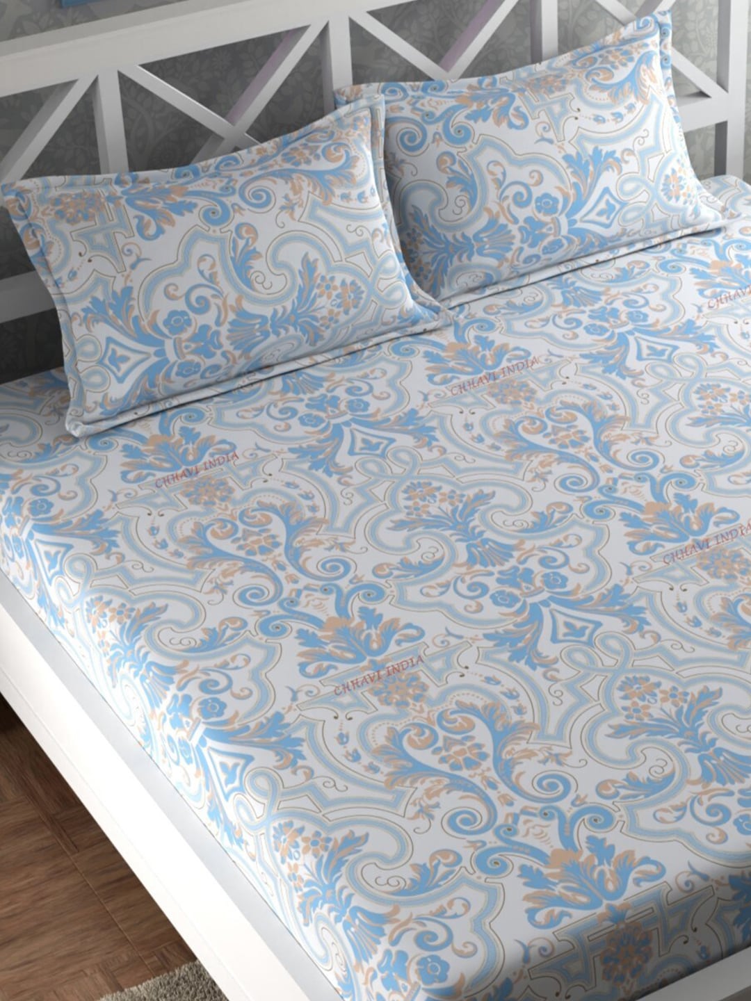 CHHAVI INDIA Blue & White Ethnic Motifs 210 TC King Bedsheet with 2 Pillow Covers