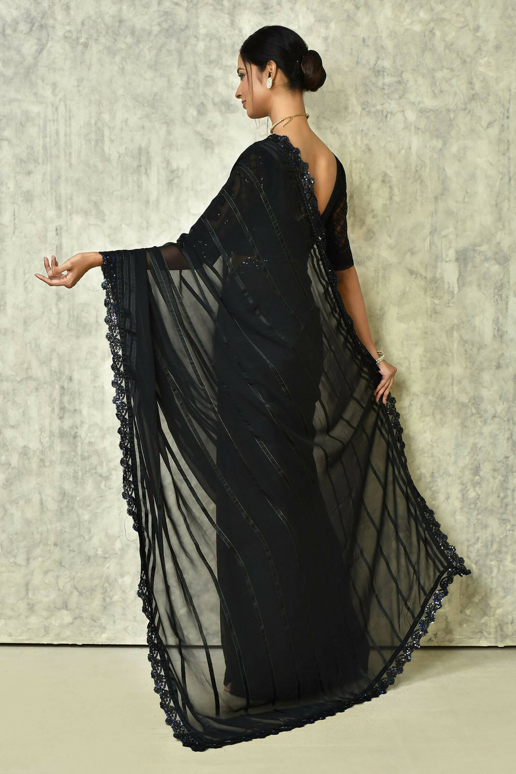 Black Silk Stripe Saree With Blouse Piece - Purvi