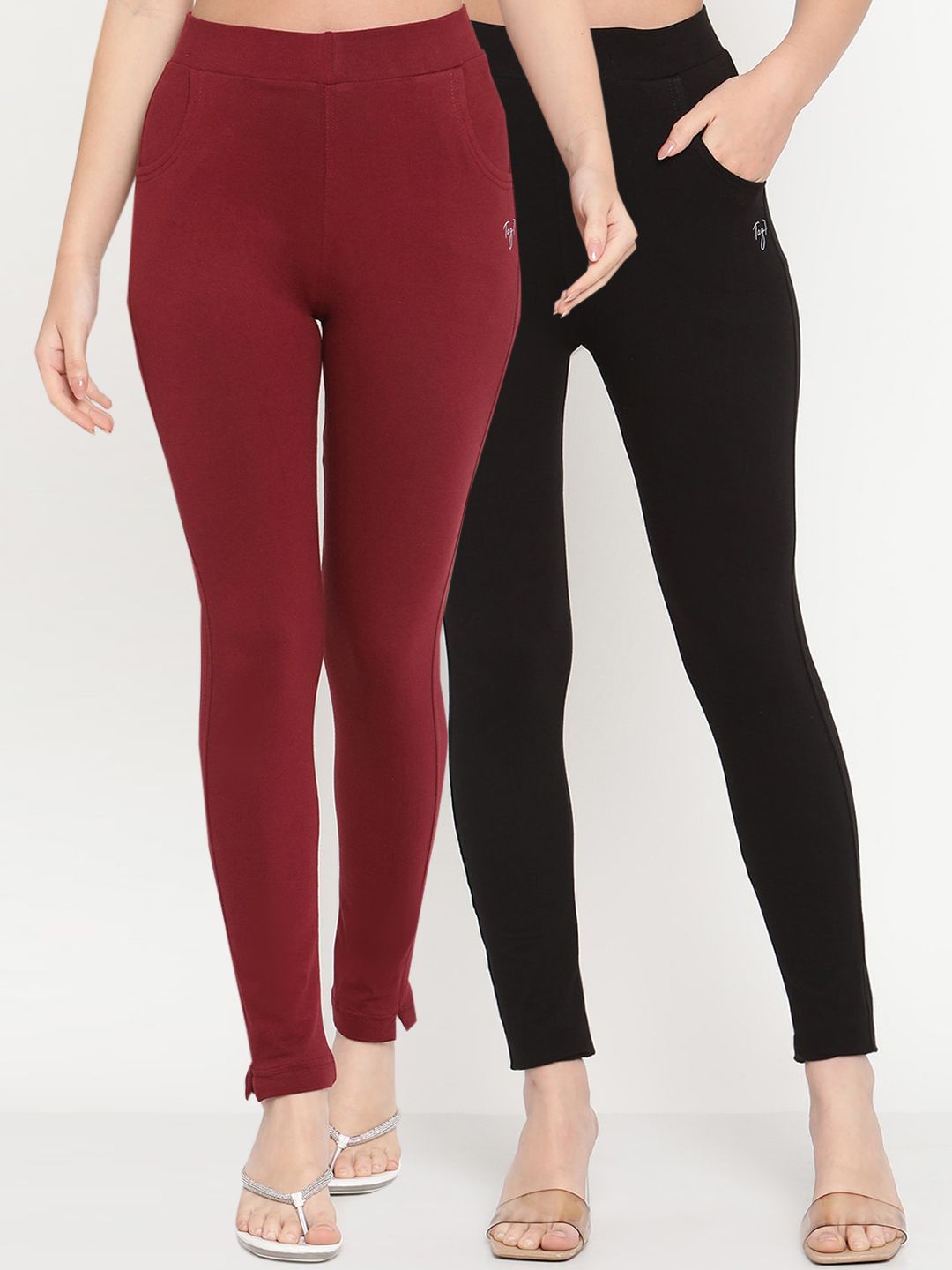 TAG 7 Set Of 2 Maroon & Black Solid Leggings