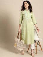 Sangria Women Green Floral Yoke Design Thread Work Pastels Kurta