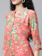 Souchii Pink & Green Floral Layered A-Line Midi Dress - Distacart