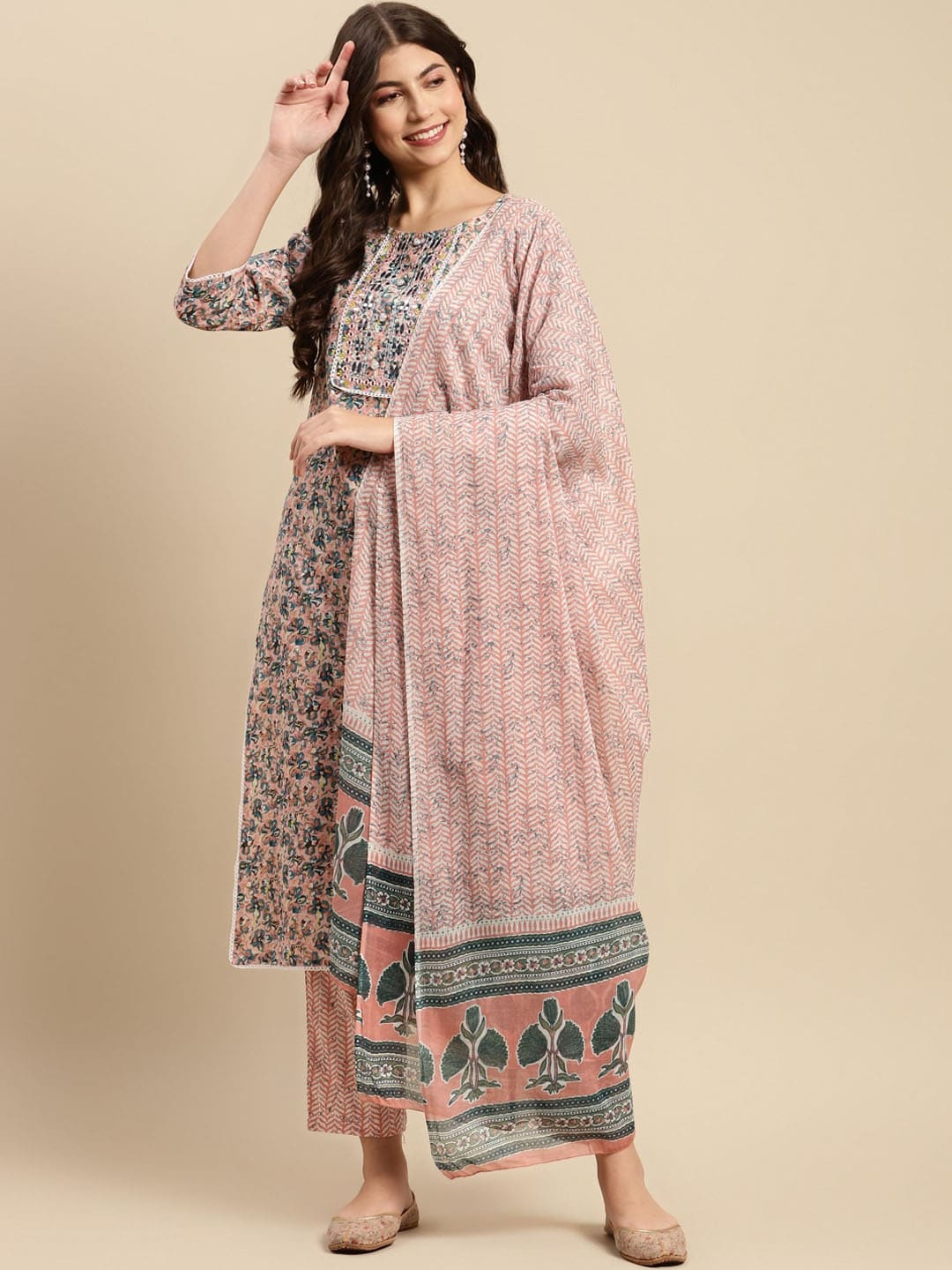 Sangria Peach & Blue Floral-Printed Pure-Cotton Straight Kurta With Trouser & Dupatta