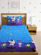 Home Sizzler Blue & White Cartoon Characters 210 TC Single Bedsheet with 1 Pillow Covers
