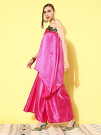 InWeave Women's Pink Green Brocade Satin Oneshoulder Kurta Set