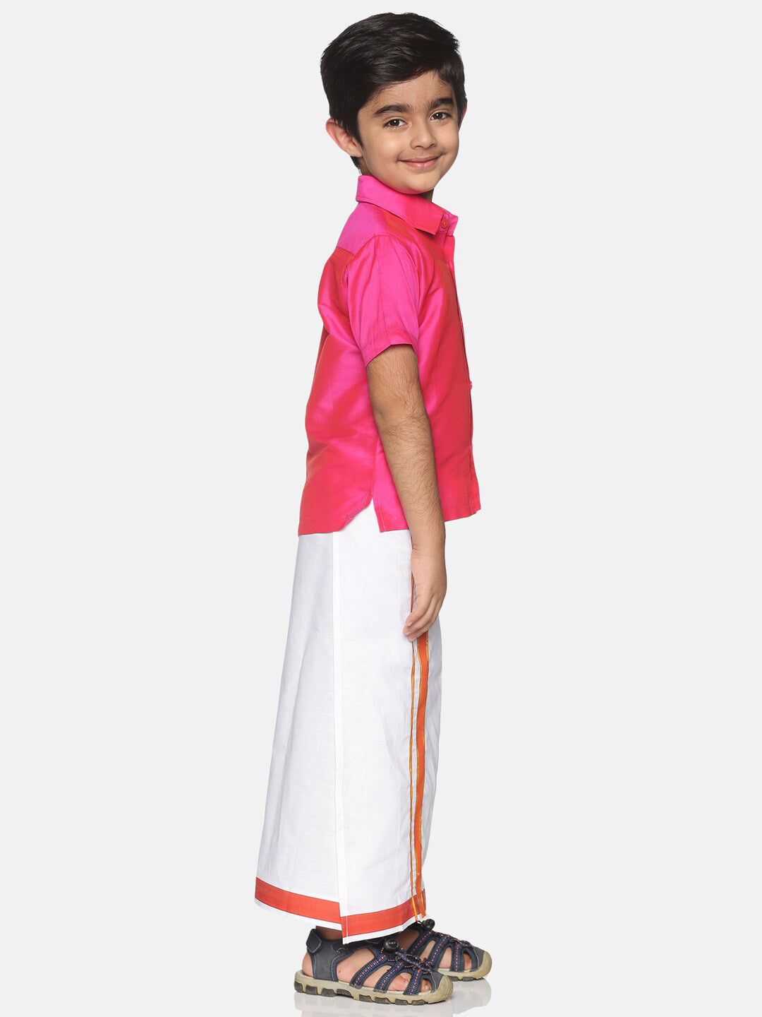Sethukrishna Pink & White Solid Shirt with Veshti Set For Boys