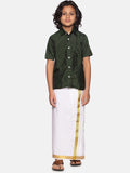 Sethukrishna Boys Green & White Solid Shirt with Dhoti Set