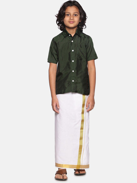 Sethukrishna Boys Green & White Solid Shirt with Dhoti Set