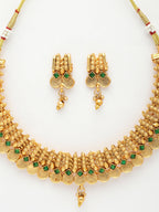 NVR Women's Gold-Polished Green Stone Studded Handcrafted Temple Jewellery Set