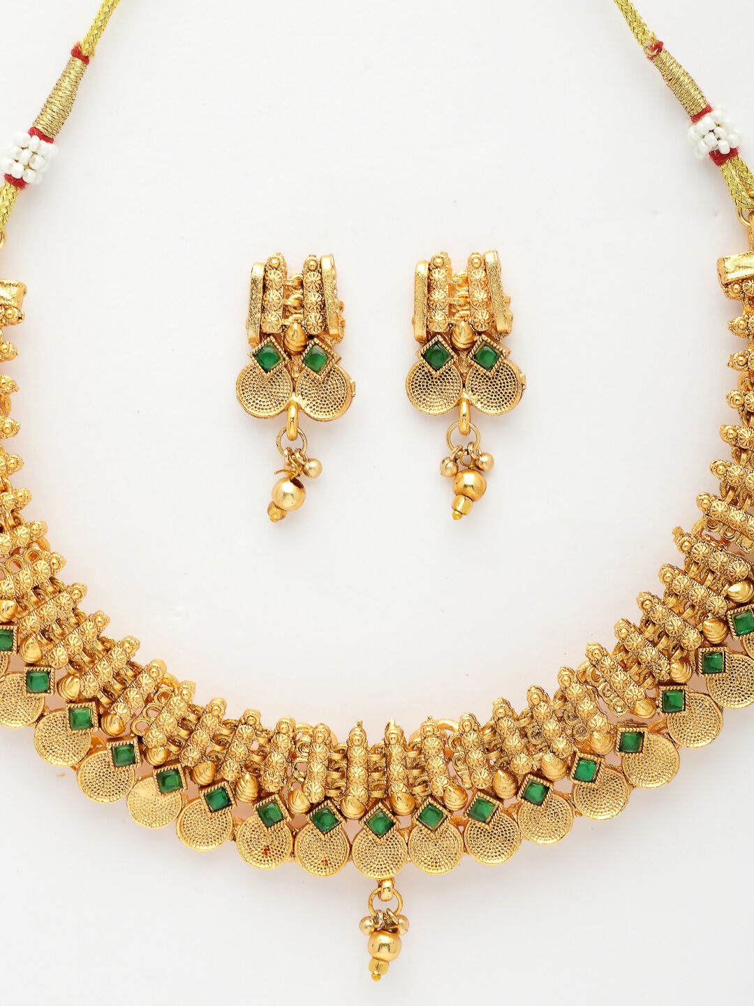 NVR Women's Gold-Polished Green Stone Studded Handcrafted Temple Jewellery Set